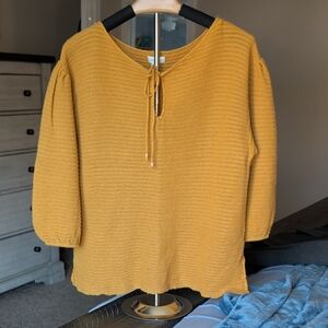 ​Sundance Large Mustard Yellow Ramie Cotton Open Knit Tie Neck Puff Sleeve Sweat
